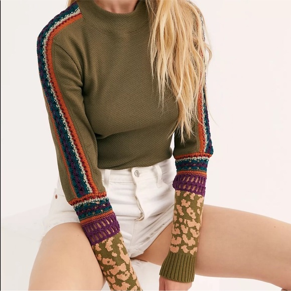 NEW FREE PEOPLE Switch It Up Contrast Knit Cuff Thermal Long Sleeve Top Small - Picture 4 of 6